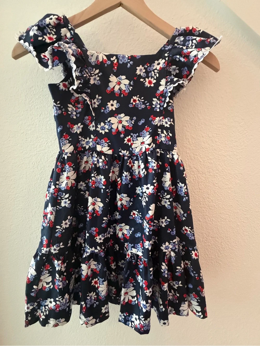 Janie and Jack Navy Floral Ruffle Dress with Red and White Accents- - Size 8